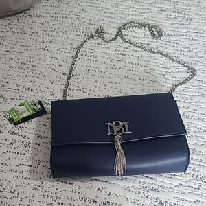 Badgley Mischka Navy Blue Crossbody Bag with Gold Emblem and Chain Strap